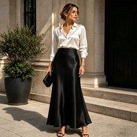 Lovii Women's High Waist Satin Maxi Skirt - Elegant Flowy Long Skirt Black | Size: 10