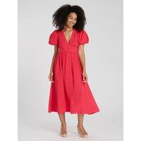 South Beach Women's Puff Sleeve Button Detail Midi Dress in Pink | Size: 10