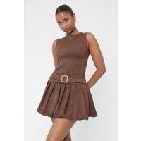 Public Desire Women's Suedette Buckle Detail Pleated Mini Dress Brown | Size: 12