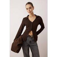 WOVCOR Women's Polo Collar Hooked Fitted Knit Blouse in Brown | Size: Medium