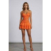 STYLEWISE Women's Ruffle Padded Bust Cut-Out Belted Lace Mini Dress in Orange | Size: 10
