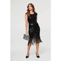 Izabel London Women's Sequin Embellished Fringed Midi Dress in Black | Size: 12