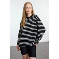 WOVCOR Women's Striped Crew Neck Cotton Sweatshirt in Black | Size: Small