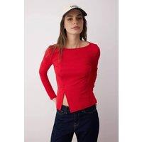 WOVCOR Women's Button Detail Crew Neck Ribbed Stretch Knit Blouse in Red | Size: Medium