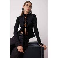 WOVCOR Women's Floral Jacquard Tie Front Long Sleeve Knit Blouse with Mandarin Neck in Black | Size: 10