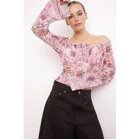 WOVCOR Women's Off Shoulder Printed Crop Tulle Blouse with Tie Detail | Size: Large