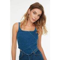 WOVCOR Women's Square Neck Seam Detail Denim Crop Blouse in Blue | Size: 14