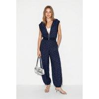 Bianco Lucci Women's Patterned Hooded Vest & Wide-Leg Trousers Set in Navy | Size: Medium