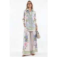 MSN Collection Women's Floral Shirt Collar Blouse & Wide-Leg Pants Set | Size: Medium