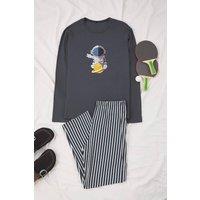 WOVCOR Men's 2 Piece Cotton Pajama Set with Astronaut Print & Stripe Detail in Dark Grey | Size: XL