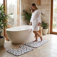 FLAVORA 2Pcs Pebble Stone Bath Mat Set Memory Foam Non Slip in Grey | Size: 180 cm width x 180 cm drop