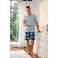 MODISHION Men's Crew Neck Pyjama Set with Checked Shorts in Blue | Size: XL
