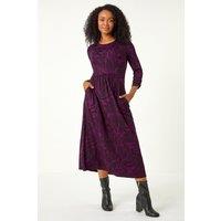Roman Women's Petite Swirl Print Stretch Midi Dress in Magenta | Size: 18