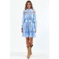 MSN Collection Women's Belted Lace Mini Dress in Baby Blue | Size: Small