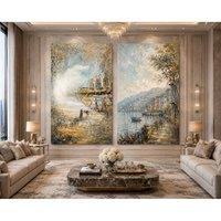 Mafett Premium Large Coastal Landscape Canvas Wall Art Set of 2 in Blue | Size: 200 cm x 100 cm