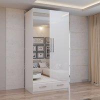 MN Furniture High Gloss 2 Door Hinged Wardrobe with Mirror & Drawers 90cm in White