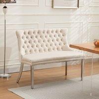 HomeTouch Home Touch Velvet Double Dining Bench Loveseat with Chrome Steel Legs in Beige | Size: 1 Pack