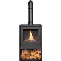 OKO Bio Ethanol Fires S3 Bio Ethanol Stove with Log Storage in Charcoal Grey & Tall Angled Stove Pipe in Black