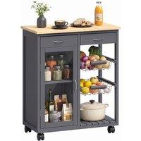 HOMCOM Bamboo Kitchen Island with Glass Door, 2 Metal Wire Baskets, Grey