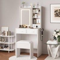London Boutique Dressing Table & Stool Set Makeup Desk w/ Charging Station & LED Light in White