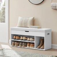 VASAGLE Large Shoe Storage Bench with Cushion 3 Compartments Wide Padded in White