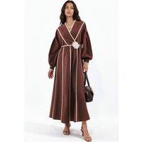 MSN Collection Women's Belted Striped Maxi Dress in Brown | Size: XL