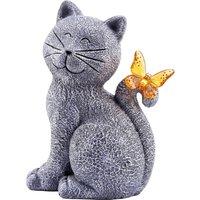 Emitto Cat Garden Ornaments Outdoor Resin Gray Orange Solar LED Decor in Grey