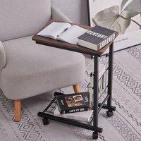 Living and Home Height Adjustable Mobile Table Overbed Desk with Wheels in Brown