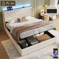 ModernLuxe Upholstered double ottoman bed frame with LED headboard in Beige