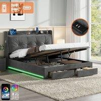 ModernLuxe Upholstered ottoman bed with cushion headboard & LED lights in Grey | Size: Double