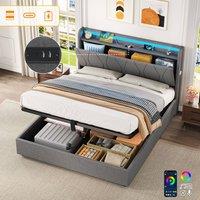 ModernLuxe Upholstered double ottoman bed with LED storage headboard in Grey