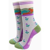 Sock Talk Women's Highland Cow & Thistles Striped Bamboo Socks in Cream | Size: 3-7