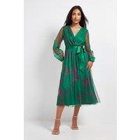 Wallis Women's Petite Floral Mesh Satin Tie Midi Dress in Green | Size: 12