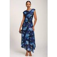 Jolie Moi Women's Asymmetrical Draped Mesh Maxi Dress in Navy | Size: 12