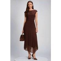 Jolie Moi Women's Asymmetrical Draped Mesh Maxi Dress in Brown | Size: 20