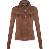 Infinity Leather Women's Goat Suede Trucker Jeans Jacket-Astoria in Tan | Size: 14