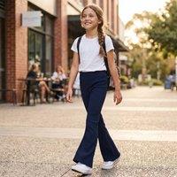MyShoeStore Girl's Pack of 2 School Bootcut Trousers Pull Up Boot Leg Ribbed Pants in Navy | Size: 3-4 Years
