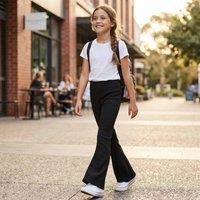 MyShoeStore Girl's Pack of 2 School Bootcut Trousers Pull Up Boot Leg Ribbed Pants in Black | Size: 13-14 Years