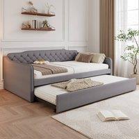 Rolipo 4ft6 Double Daybed Grey Velvet Sofa Bed with Pull Out Trundle