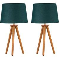 First Choice Lighting Set of 2 Dark Oak Table Lamp or Bedside Lights with Dark Green Shades in Brown