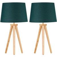 First Choice Lighting Set of 2 Light Oak Table Lamp or Bedside Lights with Dark Green Shades in Brown