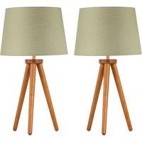 First Choice Lighting Set of 2 Dark Oak Table Lamp or Bedside Lights with Sage Green Shades in Brown
