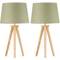 First Choice Lighting Set of 2 Light Oak Table Lamp or Bedside Lights with Sage Green Shades in Brown