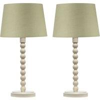 First Choice Lighting Set of 2 Bobbin - Ivory Lamps with Sage Green Cotton Shades in White