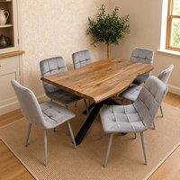 KOSY KOALA 6 Seater Wooden Effect Dining Table with Grey Tufted Velvet Chairs in Brown