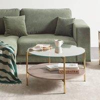 Wyld and Coco 80cm Round Gold Glass Coffee Table with Dark Wood Shelf
