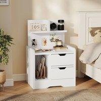 HOMCOM Modern Bedside Table with 2 Drawers & Open Shelves for Bedroom in White