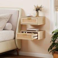 HOMCOM Floating Bedside Tables Set of 2, Boho Nightstands with Rattan Drawer in Natural | Size: 40 cm x 30 cm