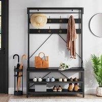 London Boutique 4-in-1 Hallway Storage Unit Coat Rack w/Shoe Bench&8-Hook Clothes Rack in Black