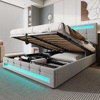 SPETLEK Upholstered Bed 4ft6 Double LED Hydraulic Bed Frame in Grey | Size: Cot